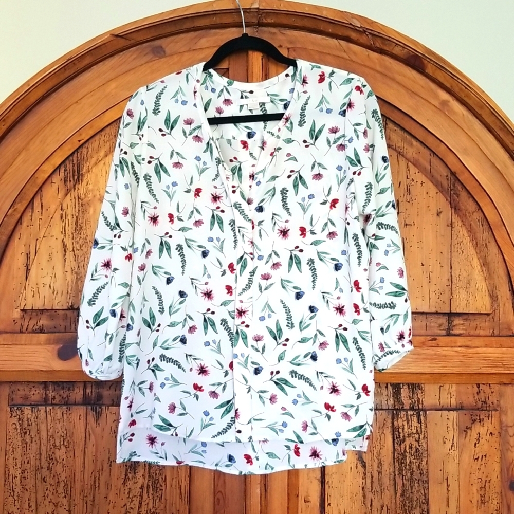 C&E White Floral Blouse Top Shirt watercolor